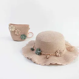 Caps Hats Childrens Straw Hat Shoulder Bag Handväska Barnflickan Baby Hat 2-stycken Set Handväska Söt blommor Bow Sun Hat Bucket Panama Hat D240509