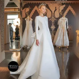 Designer com mangas longas Vestido de noiva de cetim Minimalista Elegância Vestido de trem para vestir para fora do casamento ao ar livre