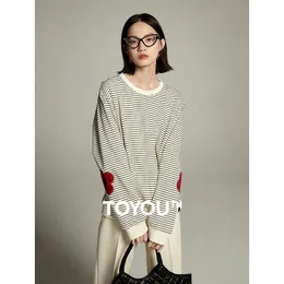 Toyouth Women Selto Selto Autumn Manga Longa O Pescoço Cuzinho Louco Listras Preto e Branco Bordado Tops Casuais 240509