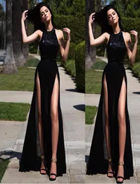 2018 New Black Sexy Summmer Long Evening Dresses Thighhigh Slits Party Gowns安い床の長さプロムドレスウェア3223826