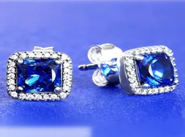 925 Sterling Silver Blue Square Sparkle Halo Stud Ohrringe passt an europäischer P -Stil -Schmuck Mode Ohrringe9062742