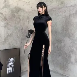 Этническая одежда современная чингсам китайское платье Qipao Dark Gothic Sexy Slit Black Vintage Oriental Dress для женского танцевального исполнения