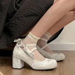 Sukienka buty 2024 Damskie vintage Y2K Block Obcasy Mary Janes Sweet Bow Knot Flannel Summer Lolita Style Pumps Footwear