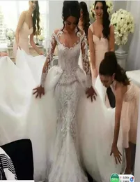 Retro 2017 Full Lace Mermaid Wedding Dresses مع Tulle Tulle Overkirt Berta Jewel Neck Long Sleeves Pearls Prida9462369