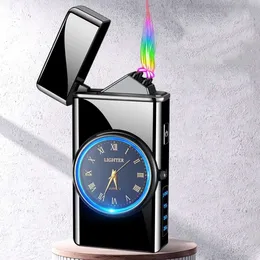 Creative Light Digital Power Display Double Arc Pulse Electronic Ligher Clock Quartz Watch Men's Gift Sigarette Liter