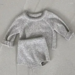 Наборы одежды 3536c Предварительный детский набор вязаный костюм для свитера 2024 Осенний сплошной цвет мальчик с двумя частями короткий