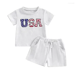 Bekleidungssets Visgogo Baby Jungen 4. Juli Outfit Brief Stickerei Kurzärmel -Tops mit festen Farbfarbhüftetheilshöpfen für den Sommer