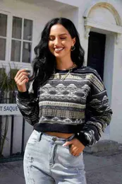 Women's Sweaters Tribal Ethnic Pattern Short Knitted Bohemian Long sleeved Pullover Sweater Bohemian Style Drop Shoulder Knitted Top Fashion Knitwear