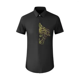 Men's Casual Shirts Short Sleeved Half Face Beaded Embroidery Slim Fitting Fashion Shirt Avant-garde Cotton Top Clothing