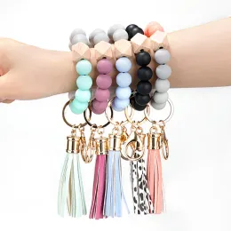 Silicone Beads Elastic Bangle Bracelet Keychain Leather Tassel Silicone Beads Bracelets Wristlet Keychains Bangle Cuff Women Jewelry