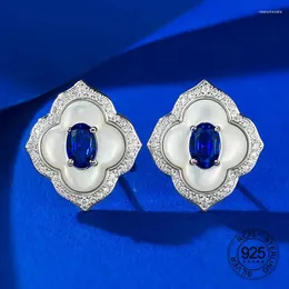 Saplama Küpe retro ortaçağ tarzı beyaz kabuk ve 4x6mm oval şekil kırmızı yakut mavi safir Zircon 925 Sterling Gümüş