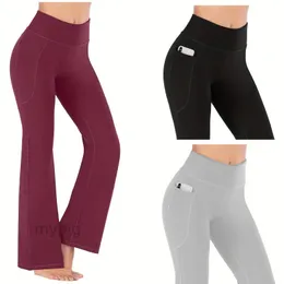 Justera leggings blossade breda leggings Hög midja Womens Yoga Pants Gym Slim Fit Pockets Träningskläder som kör Gym Wear Lady Outdoor Sports Trousers Outfits