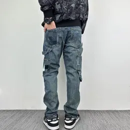 Мужские джинсы Дизайнер Ретро хип-хоп мультфильм Графическая уличная одежда джинсовая одежда Свободный прямой байкер высококачественный модный повседневные длинные мужчины разорванные джинсы 28-38
