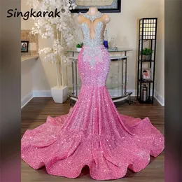 Glitter Pink Mermaid Prom Dress 2024 For Black Girls Sparkly Crystal Rhinestones Beading Birthday Party Homecoming Sequins Gown