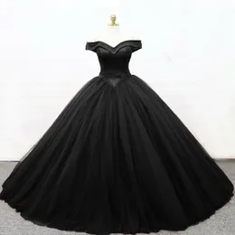 2019 Neues Ballkleid schwarze gotische Hochzeitskleider von der Schulter Basken Taille Korsett Rückenboden Länge Frauen Vintage Nicht weiße Braut G 2701