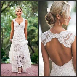 2018 New Chic Rustic Full Lace Wedding Dresses Cheap v Neck Open Back Sweep Sweep Sweep Sweep Sweep Boho Garden Bridal Gown Custom Made Country Style 469 281s