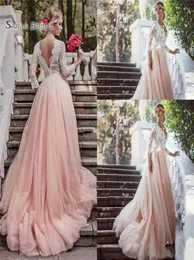 Blush Pink Lace 2020 A Line Wedding Dresses Vneck Long Manleves Abito da sposa vintage Appliques senza backless abiti da sposa plus size1683409