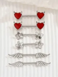 Nipple Rings 2pcs Angel Wings Nipple Perforated 14G Flower Heart Guardian Oxhead Shield Bar Barbell Nipple Ring Nombril Bra Jewelry Y240510