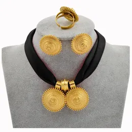 Anniyo Diy Rope Chain Etiopiska smycken Set Gold Color Eritrea Etnisk stil Habesha Pendantörhängen Ring #217106 240510