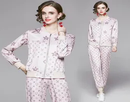 Nya Spring Fall Two Pieces 2st Womens Ladies Casual Set Vintage Floral Letters Print Dragkedjad toppjacka Pock Pants Tracksuit OU4487670