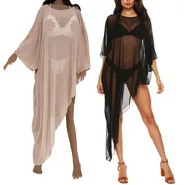 Sexy See thr Mesh Beach Dress Solid Long Sleeve Irregular Cover Up Summer Swimsuit 여성을 착용합니다.