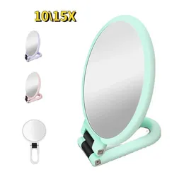 Kompakta speglar 10/15x 180 ° roterande förstoringsmakeup spegel handhållen vikbar dubbelsidig bärbar verktyg Q240509