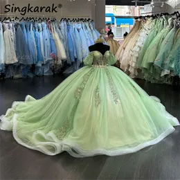 Sage Green Princess Quinceanera Dresses Lace Applique Beaded Ball Gown Off Shoulder Crystals Birthday Prom Vestido Court Train