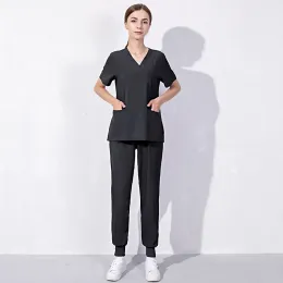 Pantagens de duas peças de duas peças definidas para mulheres enfermeiras uniformes terno de manga curta calça superior com pocket workwears entrega de vestuário pano de vestuário dhs3b