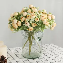 Fiori decorativi 1 fascio 15 teste di seta peonia bouquet decorazione per la casa per la festa di nozze piante finte piante pompons pompons rose artificiali