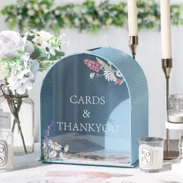 Hölzerne Hochzeitskartenbox Bogen Slot Blue Acryl transparent Fenster DIY -Geldhülle für die Jubiläumsfeier 240510
