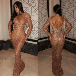 2020 Luxury Arabic Mermaid Long Prom Dresses Gold High Neck Long Baseves Back Back Dubai Abiti per feste serali Vestidos BC0840 2539