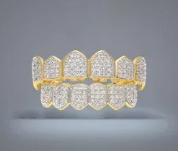 Hip Hop Micro Pave Cubic Zircon Teeth Grillz Caps Top Bottom Men Women Gold Silver Color Vampire Fangs Grills Set8221390