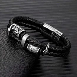 Charm Bracelets Mkendn Viking Style Compass Norse Runen Amulett Doppelschicht Edelstahl Herren Lederarmband Norse Mythologie Schmuck Y240510