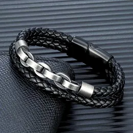 Bracelets de charme Mkendn Locomotive Men Punk Rock Chain Chain Leather Bracelet Stainless Aço Mountain Bike Chain Acessório de presentes masculinos Y240510