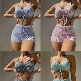 Women's Swimwear 2023 new striped print drawcord tie high waist split boxer conservative swimsuit