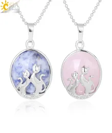 CSJA Lucky Double Cat Kitty Collece Natural Stone Charm для женщин аметист розовый христал Lapis Lazuli Romantic Lover Jewel2722176