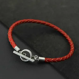 Charm armband mode mens äkta läder armband rostfritt stål ot spänne armband 4mm tunn flätad pulsera de cuero röd wrap braslet joias y240510