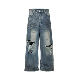 Потертая поврежденная дырочная мешковатая джинсы для мужчин и женщин уличная одежда повседневная джинсовая брюки Ropa Hombre Негабаритные грузовые штаны 240510