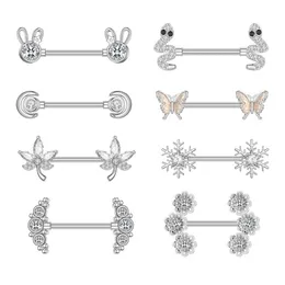 Nippelringar 2st Zircon Straight Nipple Barbell Surgical Steel Nipple Piercing Rabbit Moon Snöflingan Snake Leaf Nipple Rings Bröstsmycken Y240510