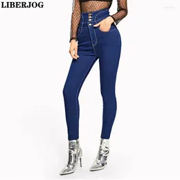 Женские джинсы Liberjog Женщины синие эластичные высокие талии рядная пряжка