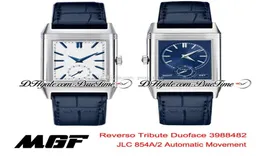 MGF Reverso Tribute Duoface 398258J JLC 854A2 Otomatik Erkekler İzle Çelik Kılıf Mavi Beyaz Dial Siyah Deri Kayış Yeni Puretime 015362984