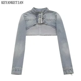 KEYANKETIAN Autumn Womens Extra Short Buttonup Denim Jacket Gothic ONeck Long Sleeve Slim Asymmetrical Crop Top 240423