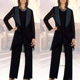 Dark Navy Blue Mom's Party With Long Jacket Lady Evening Dresses Chiffon Mother Of The Bride Pant Suits 0510