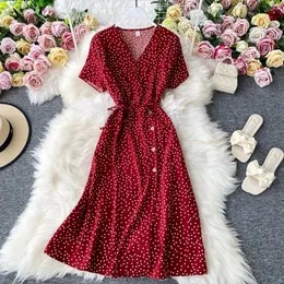 2024 Buttons Red Elegant Sexy Dres Summer Vneck Polka Dot Midi Dress TALIST Podzielone rozdzielcz