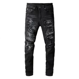 Mens Bandanna Paisley Stampato Patchwork Stretch Jeans Streetwear Pantaloni a mazza in denim nero Slim Skinny strappato Pantaloni 240423 240423