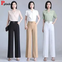 سروال نسائي Capris Classic Chiffon High Weist Wide Leg Pants Office Womens Wored Thin Black Breaters New Pantalones de Mujer Cintura altl2405