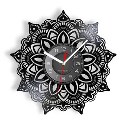 Wanduhren Lotus Mandala Vinyl Aufnahmeuhr für Wohnzimmer Yoga Studio Namaste Bohemian Art Home Dekoration Q240509