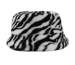 Шляпа шляпы в широких краях женщины винтажный леопардовый Zebra Print Bucket Hat Winter Fuzzy Plush Fisherman Cap XX9D7260108