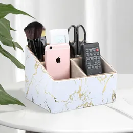 NEW Multi-Functional 3 Compartments Wooden Storage Box Gold Edge Marble Faux Leather Desk Organizer Remote Controllers Holder CaseFor remote control holder