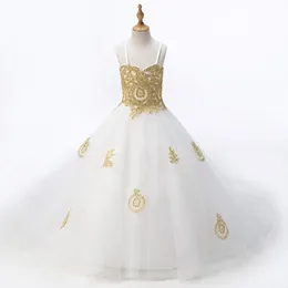 2022 Moda Branca com Lace Gold Flor Girls Dresses Designer Princesa Para Casamentos Girls Tulle Ruched Com Spaghetti Straps Chea 241W